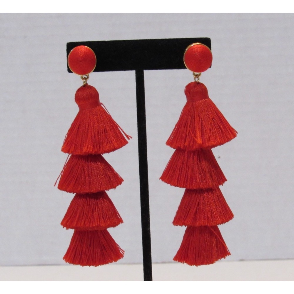 BaubleBar‎ Red Tiered Tassel Statement Earrings Gold Tone Boho Drop 4 Inch Long